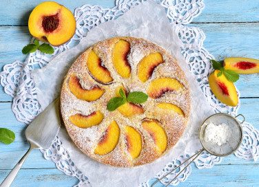 torta, pesche, padella