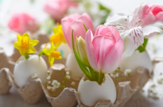Centrotavola pasquale fai da te con gusci delle uova e fiori